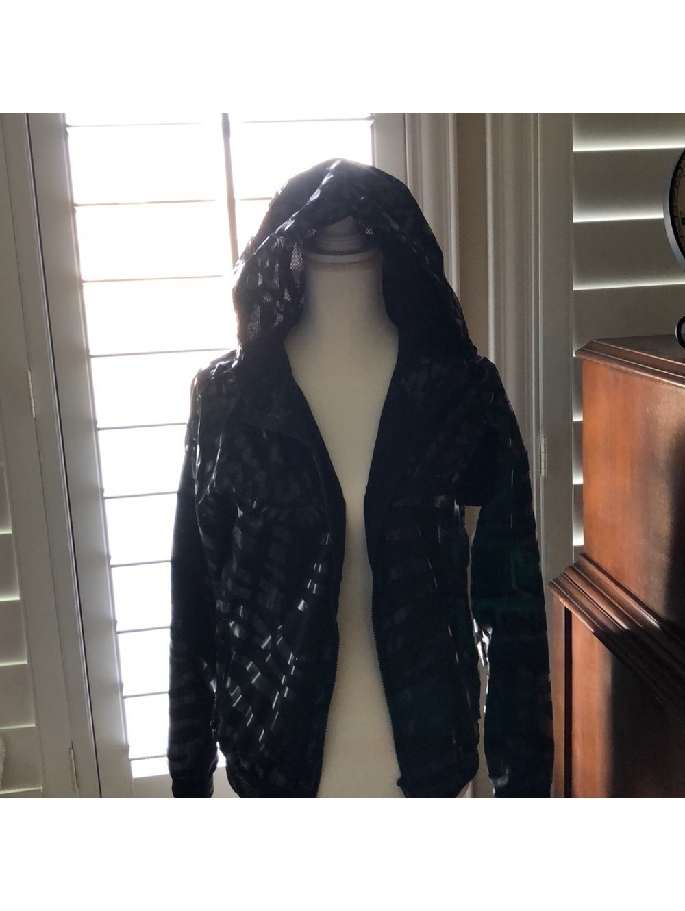 Forever 21 Black Shiny Windbreaker Jacket with Hood, Size XS